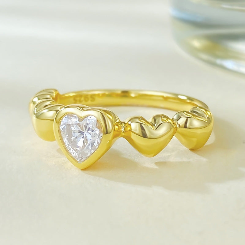 Heart-shaped high carbon diamond S925 silver plated gold ring basic stackable ring