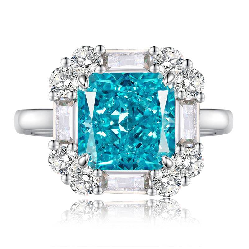 925 sterling silver 8 * 8 sea blue ice flower cut high-end square ring for women - MOWTE