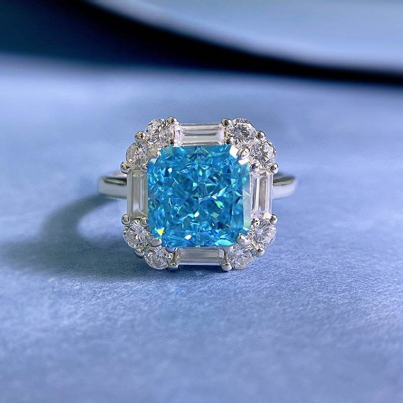 925 sterling silver 8 * 8 sea blue ice flower cut high-end square ring for women - MOWTE
