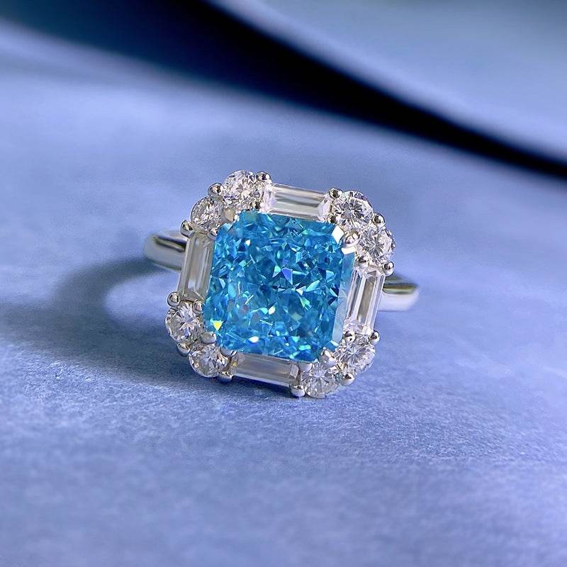 925 sterling silver 8 * 8 sea blue ice flower cut high-end square ring for women - MOWTE