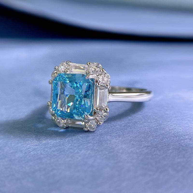 925 sterling silver 8 * 8 sea blue ice flower cut high-end square ring for women - MOWTE
