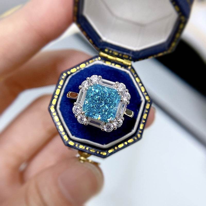 925 sterling silver 8 * 8 sea blue ice flower cut high-end square ring for women - MOWTE