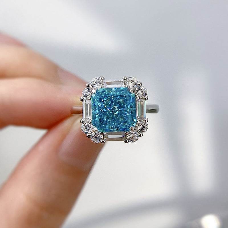 925 sterling silver 8 * 8 sea blue ice flower cut high-end square ring for women - MOWTE