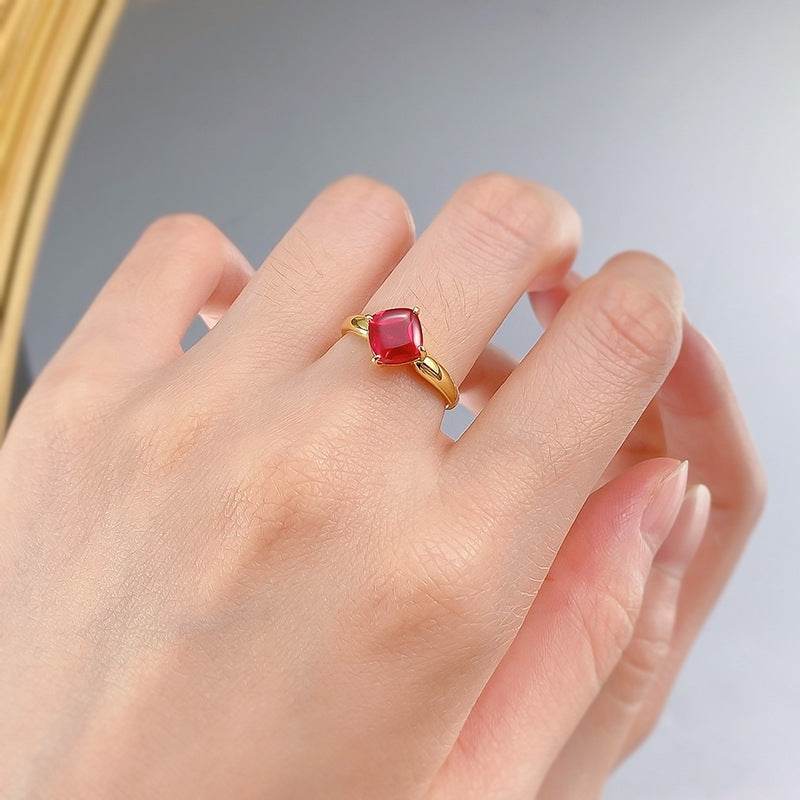 New 7 * 7 Pigeon Blood Brown Sugar Tower Ring S925 Silver Plated Gold Base Stackable Style - MOWTE