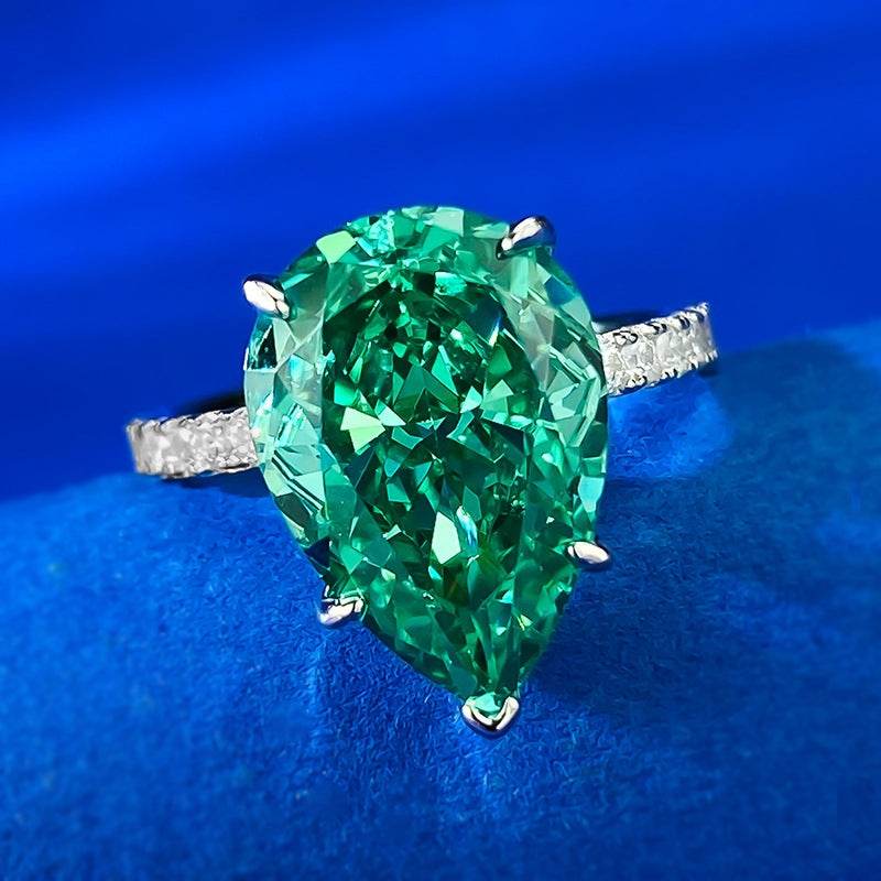 High carbon diamond 10 * 14mm water droplet emerald green wedding ring for women - MOWTE