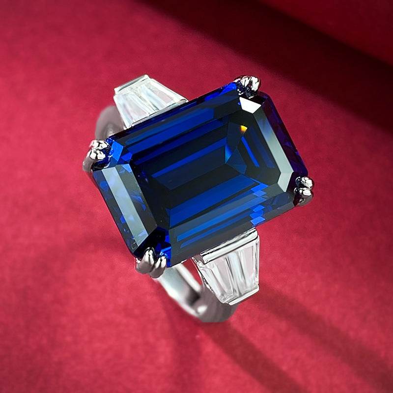 New S925 Silver Emerald Cut 10 * 14 Royal Blue Ring for Women - MOWTE