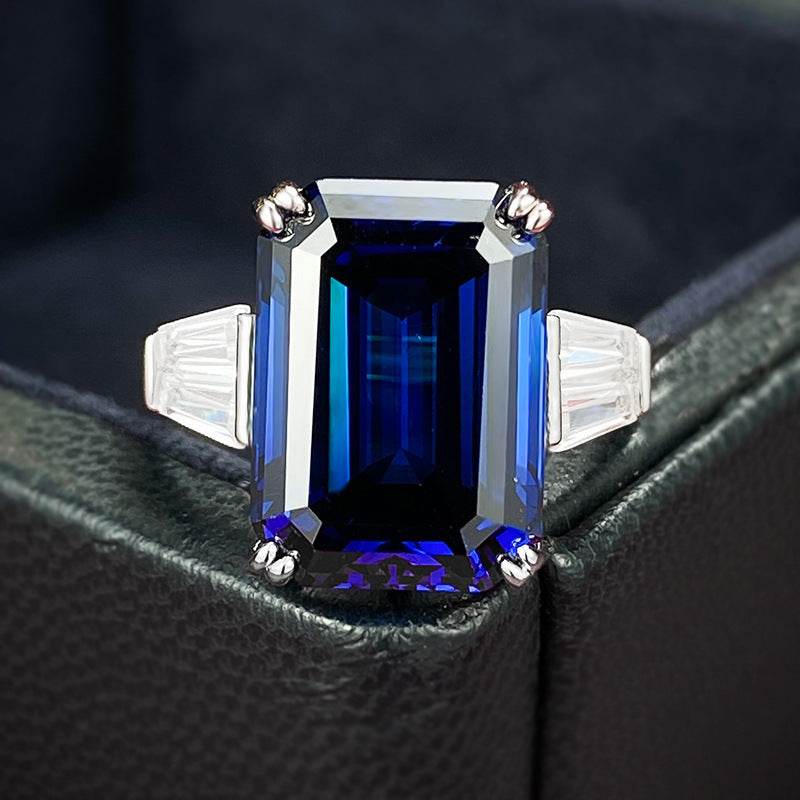 New S925 Silver Emerald Cut 10 * 14 Royal Blue Ring for Women - MOWTE