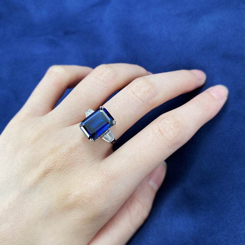 New S925 Silver Emerald Cut 10 * 14 Royal Blue Ring for Women - MOWTE