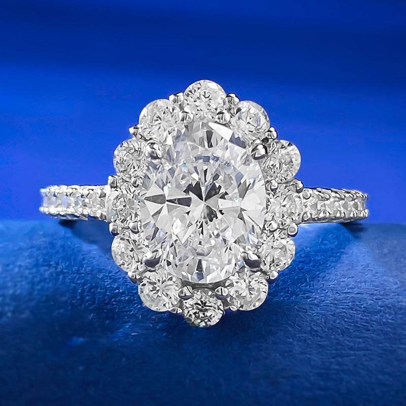 New high carbon diamond ring 7 * 9 oval white diamond ice flower cut wedding ring for women - MOWTE