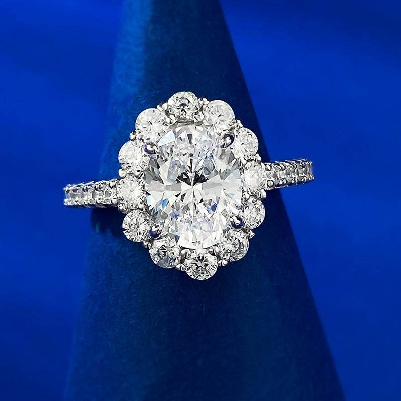 New high carbon diamond ring 7 * 9 oval white diamond ice flower cut wedding ring for women - MOWTE