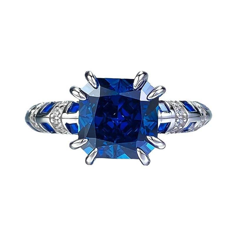 S925 Silver 8 * 8m Royal Blue Square High Carbon Diamond Ring High end Simulated Diamond Ring