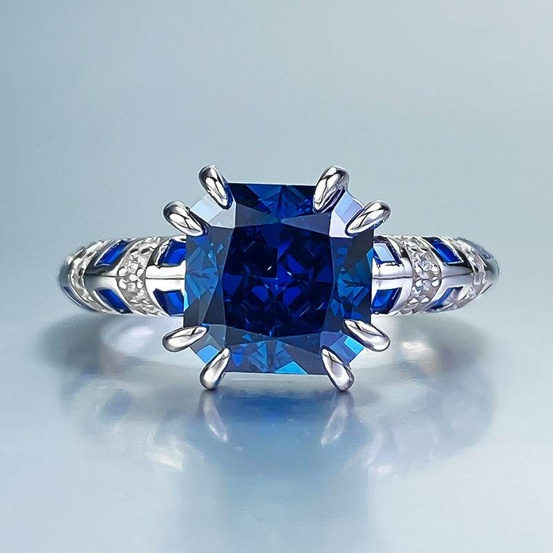 S925 Silver 8 * 8m Royal Blue Square High Carbon Diamond Ring High end Simulated Diamond Ring - MOWTE