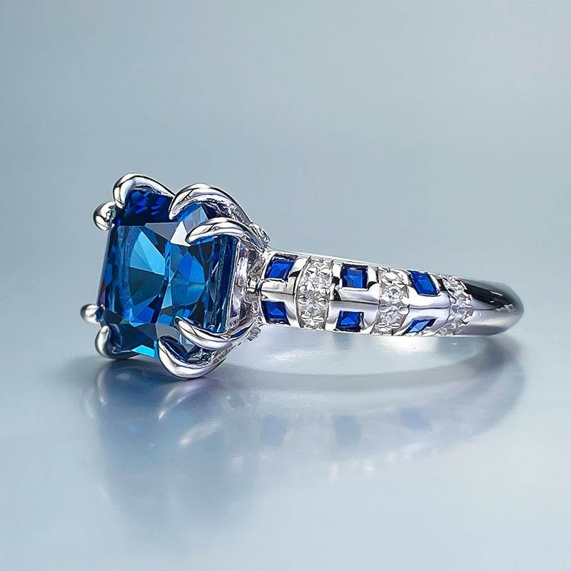 S925 Silver 8 * 8m Royal Blue Square High Carbon Diamond Ring High end Simulated Diamond Ring - MOWTE