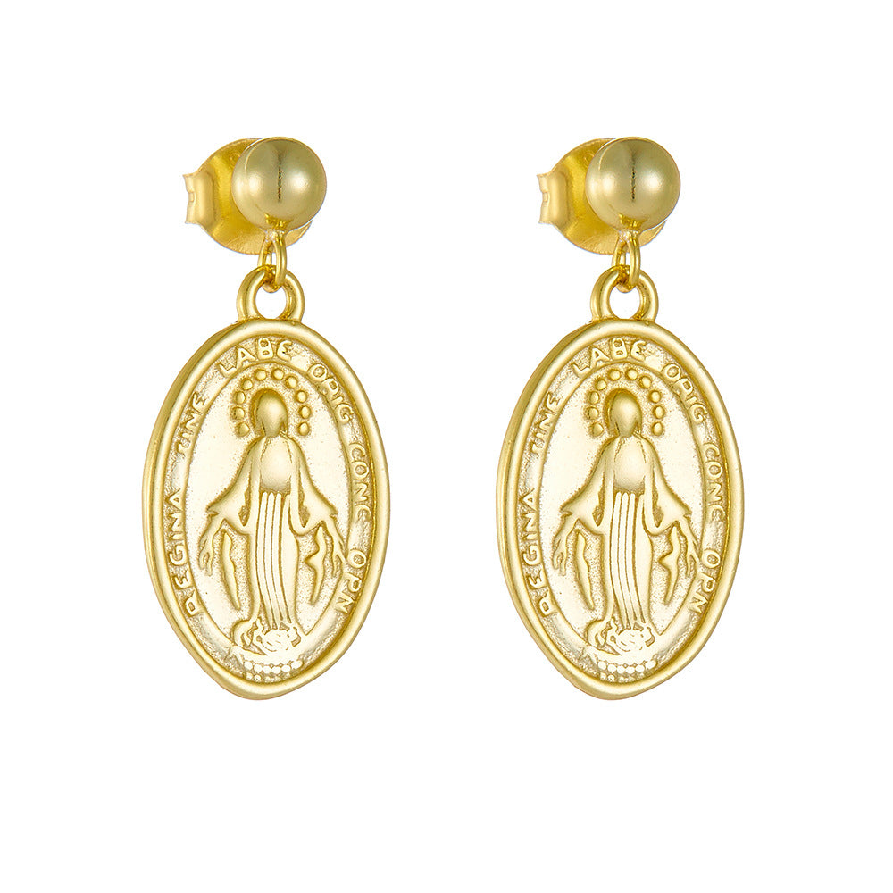 Vintage oval earrings featuring Virgin Mary relief portrait in pure silver