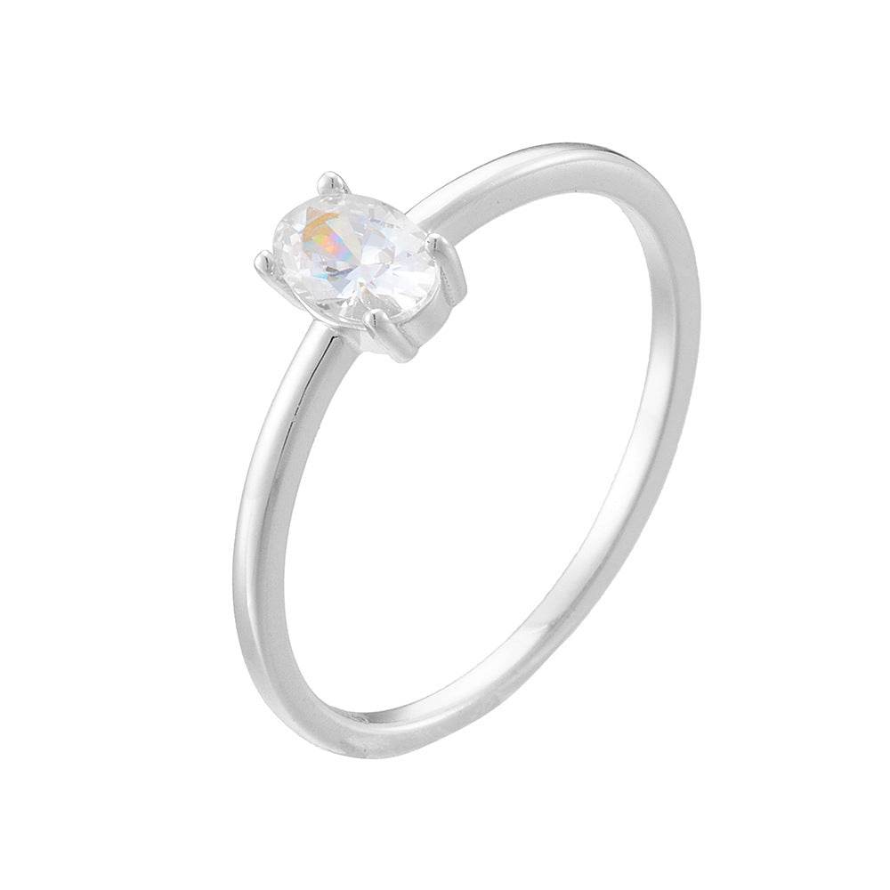 Personalized and minimalist single diamond pure silver ring for women with Instagram style geometric oval zirconia ring - MOWTE