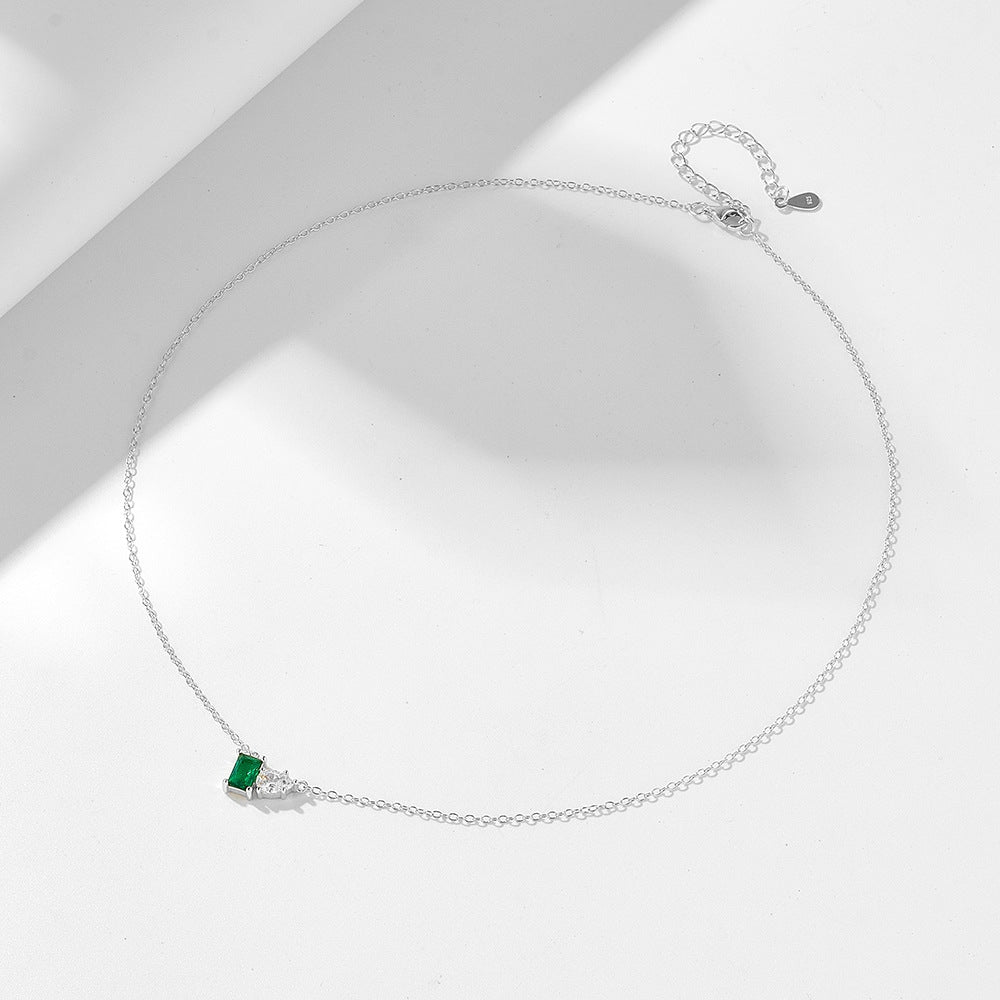 S925 pure silver inlaid with emerald rectangular water droplet zircon necklace, light luxury temperament, versatile collarbone chain