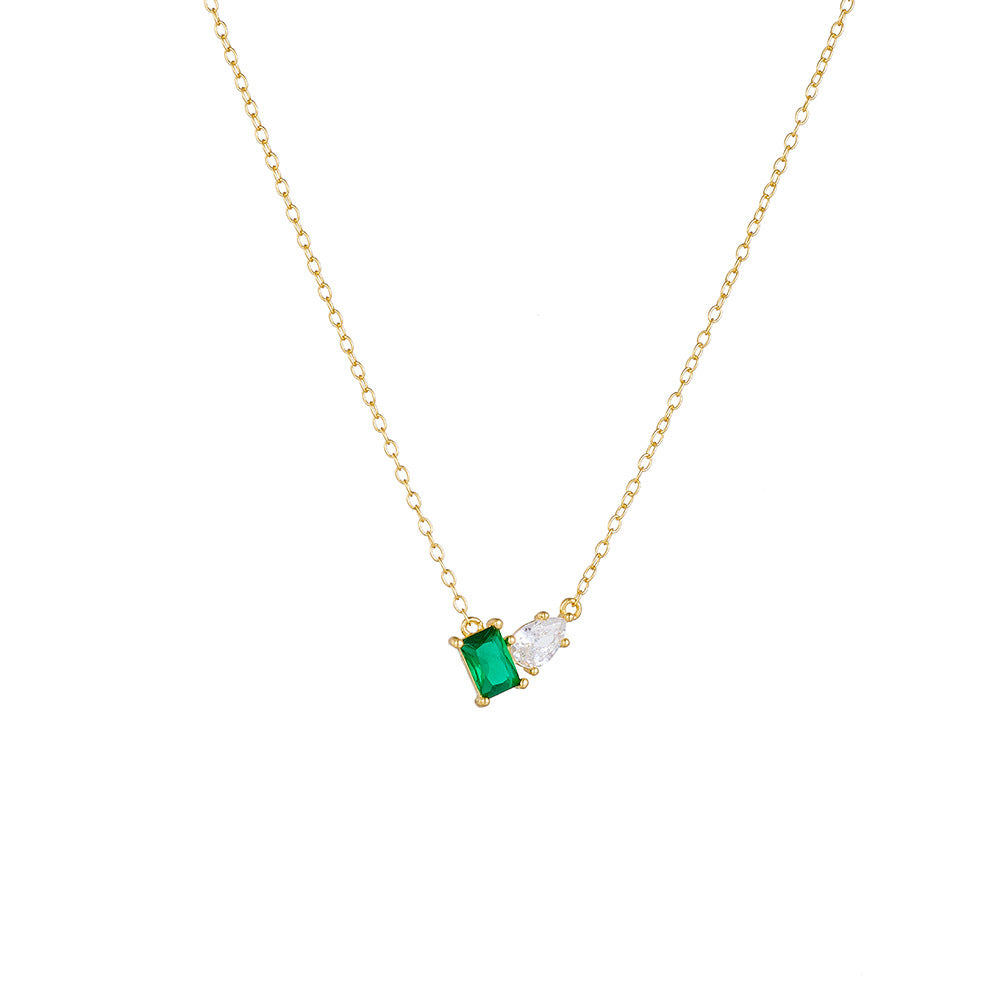 S925 pure silver inlaid with emerald rectangular water droplet zircon necklace, light luxury temperament, versatile collarbone chain