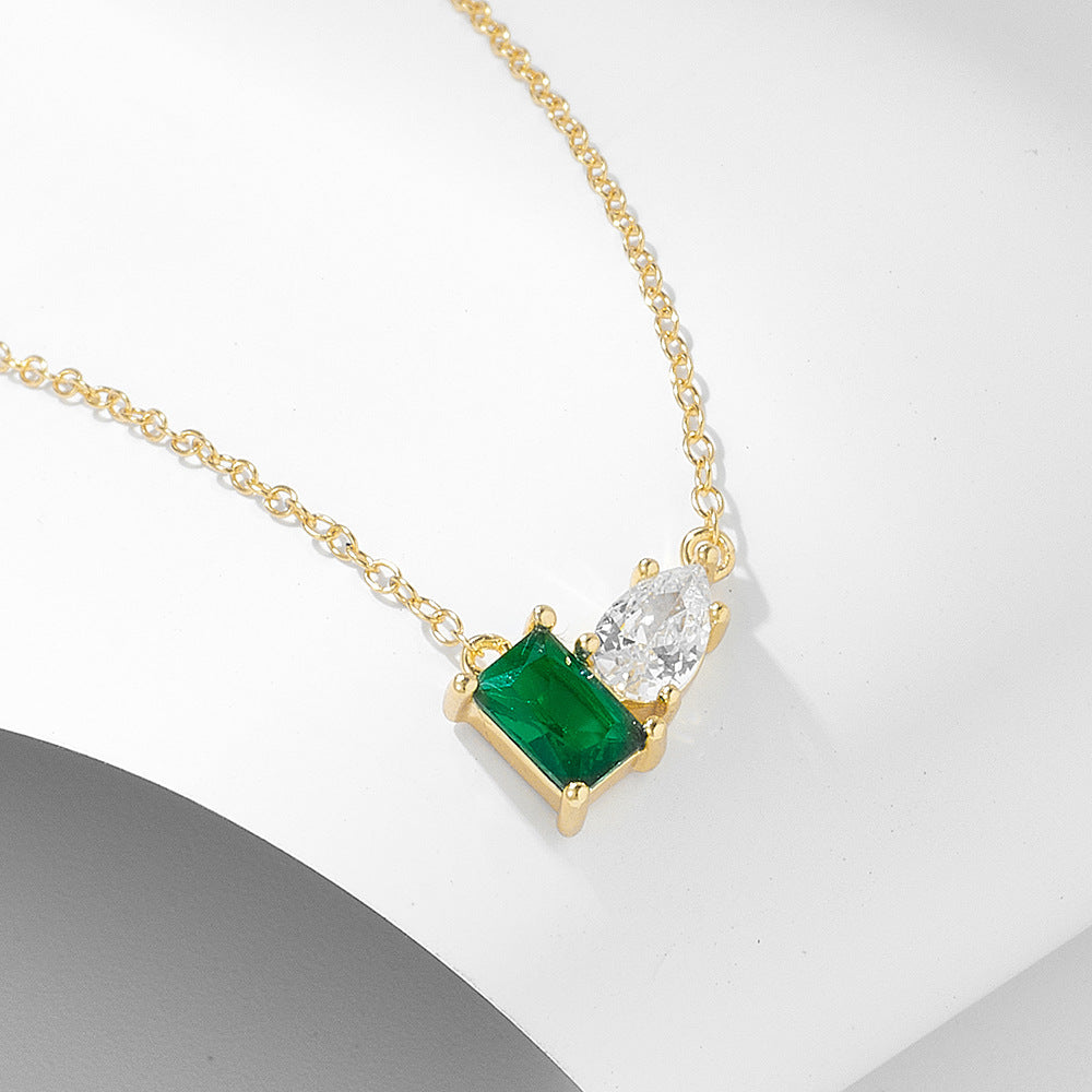 S925 pure silver inlaid with emerald rectangular water droplet zircon necklace, light luxury temperament, versatile collarbone chain