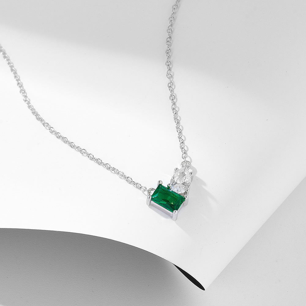 S925 pure silver inlaid with emerald rectangular water droplet zircon necklace, light luxury temperament, versatile collarbone chain