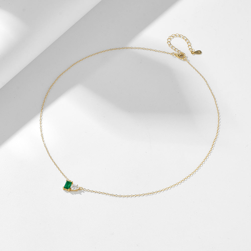 S925 pure silver inlaid with emerald rectangular water droplet zircon necklace, light luxury temperament, versatile collarbone chain