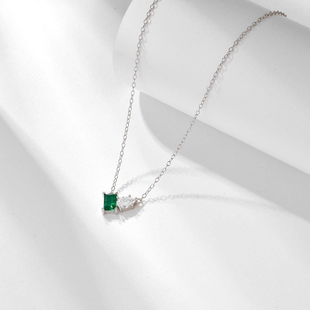 S925 pure silver inlaid with emerald rectangular water droplet zircon necklace, light luxury temperament, versatile collarbone chain