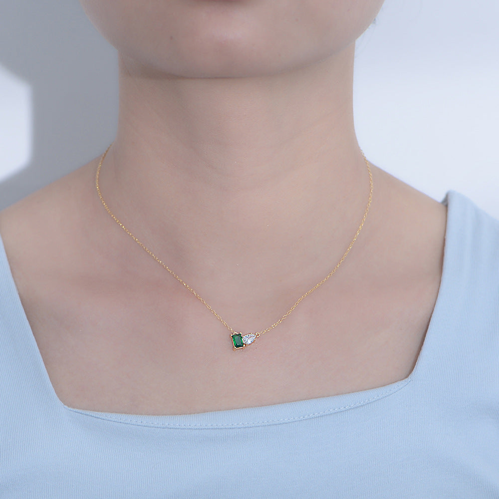 S925 pure silver inlaid with emerald rectangular water droplet zircon necklace, light luxury temperament, versatile collarbone chain