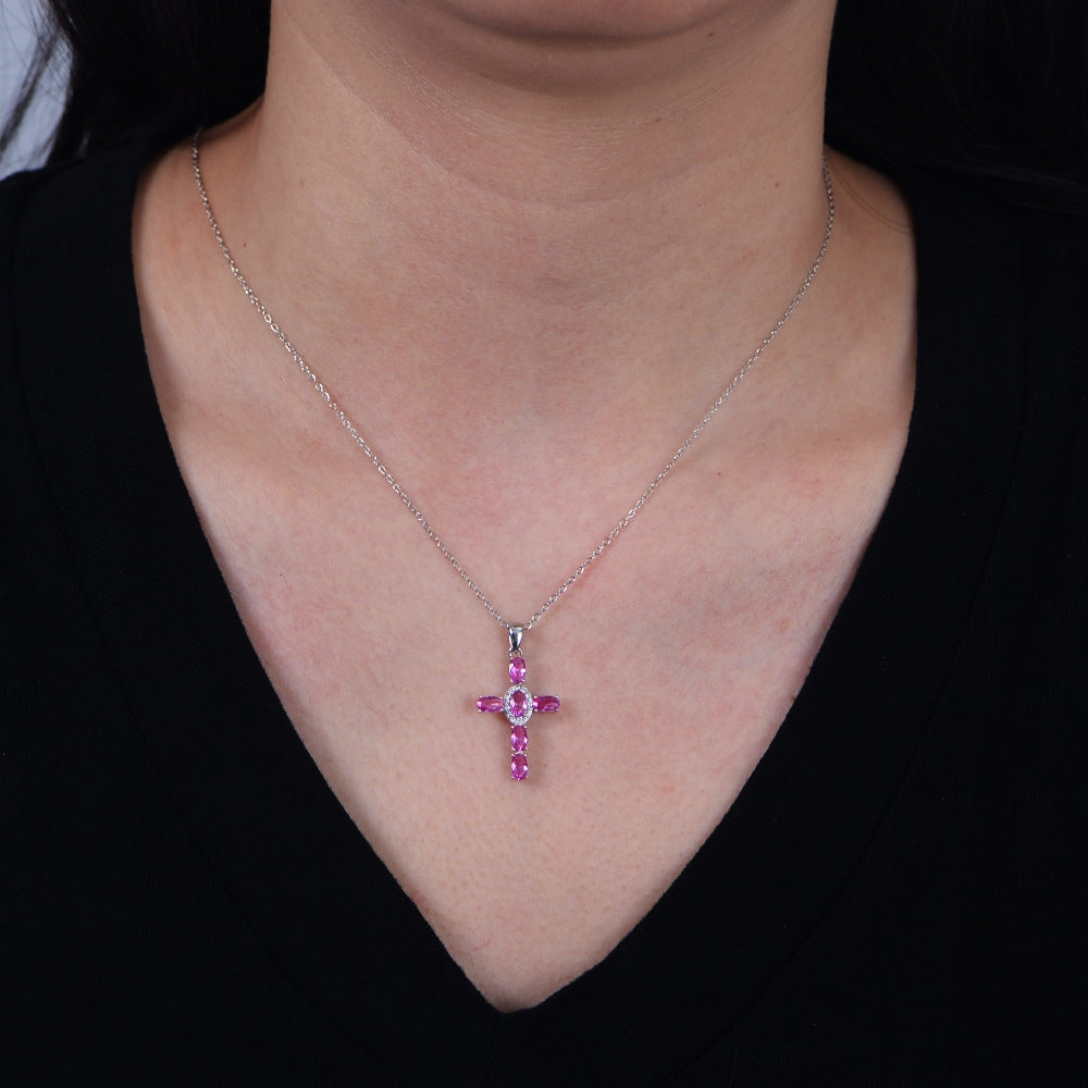 S925 sterling silver cross colored zircon necklace women's colorful treasure collarbone chain