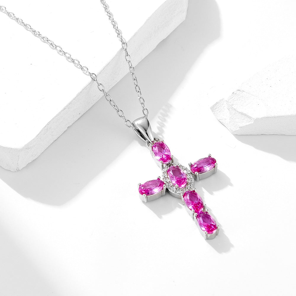 S925 sterling silver cross colored zircon necklace women's colorful treasure collarbone chain