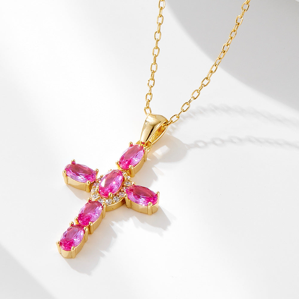 S925 sterling silver cross colored zircon necklace women's colorful treasure collarbone chain