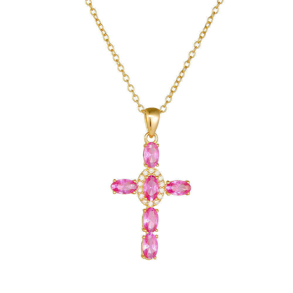 S925 sterling silver cross colored zircon necklace women's colorful treasure collarbone chain