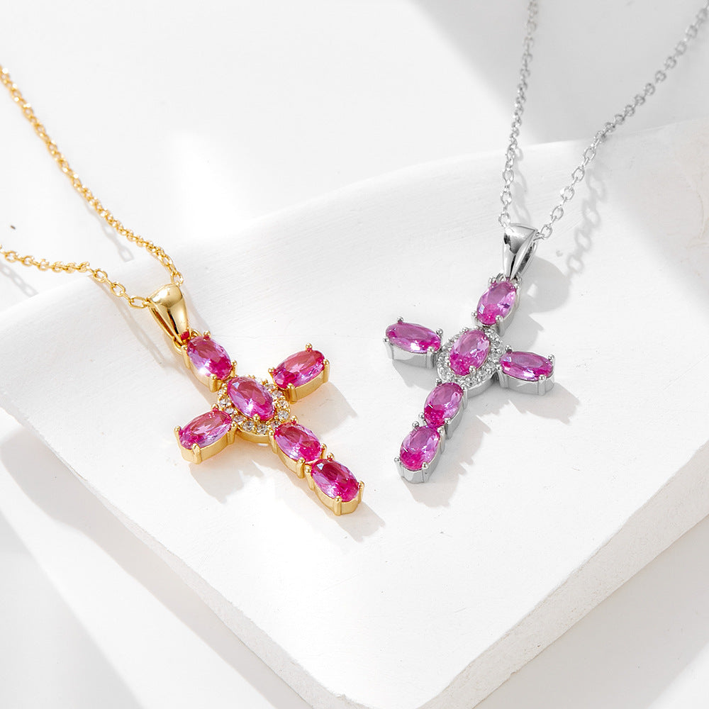 S925 sterling silver cross colored zircon necklace women's colorful treasure collarbone chain