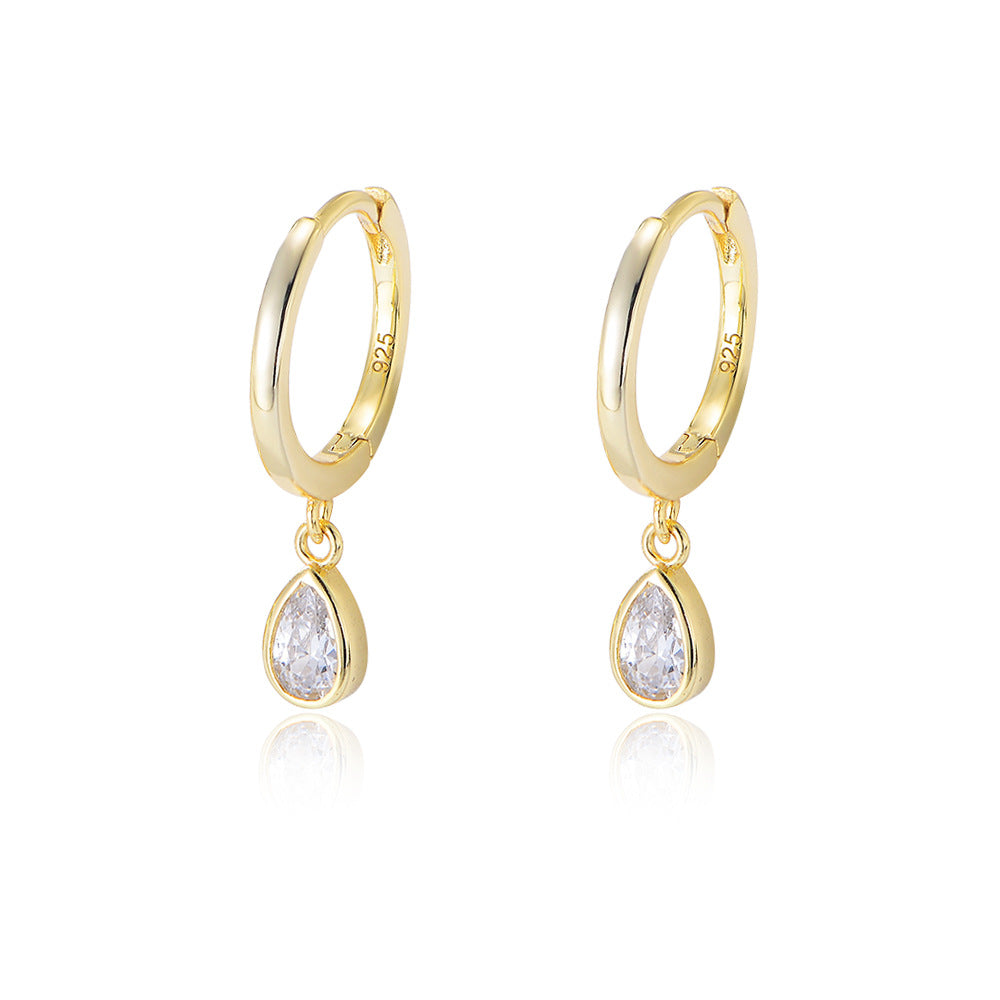 S925 pure silver water droplet shaped zircon earrings C-shaped ear buckle