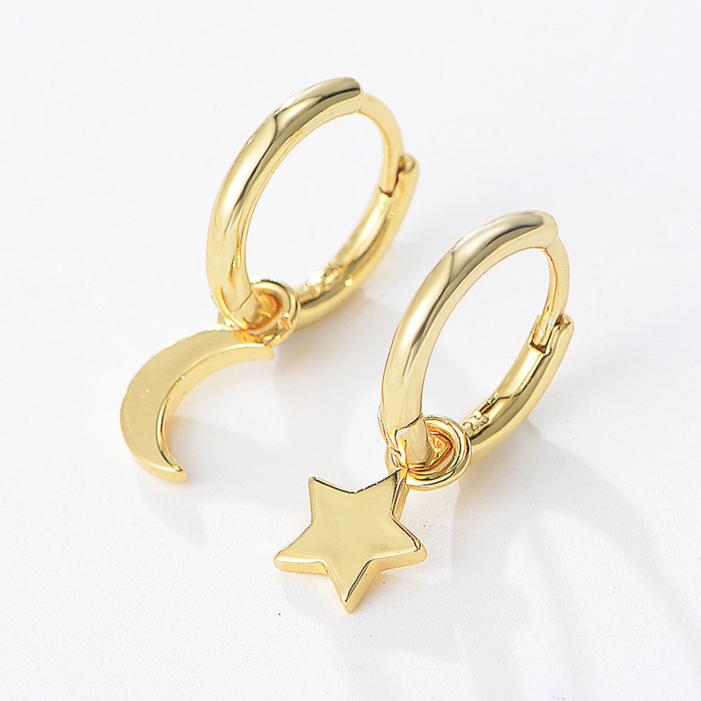 S925 Silver Star Moon Earrings Female Asymmetric Earrings