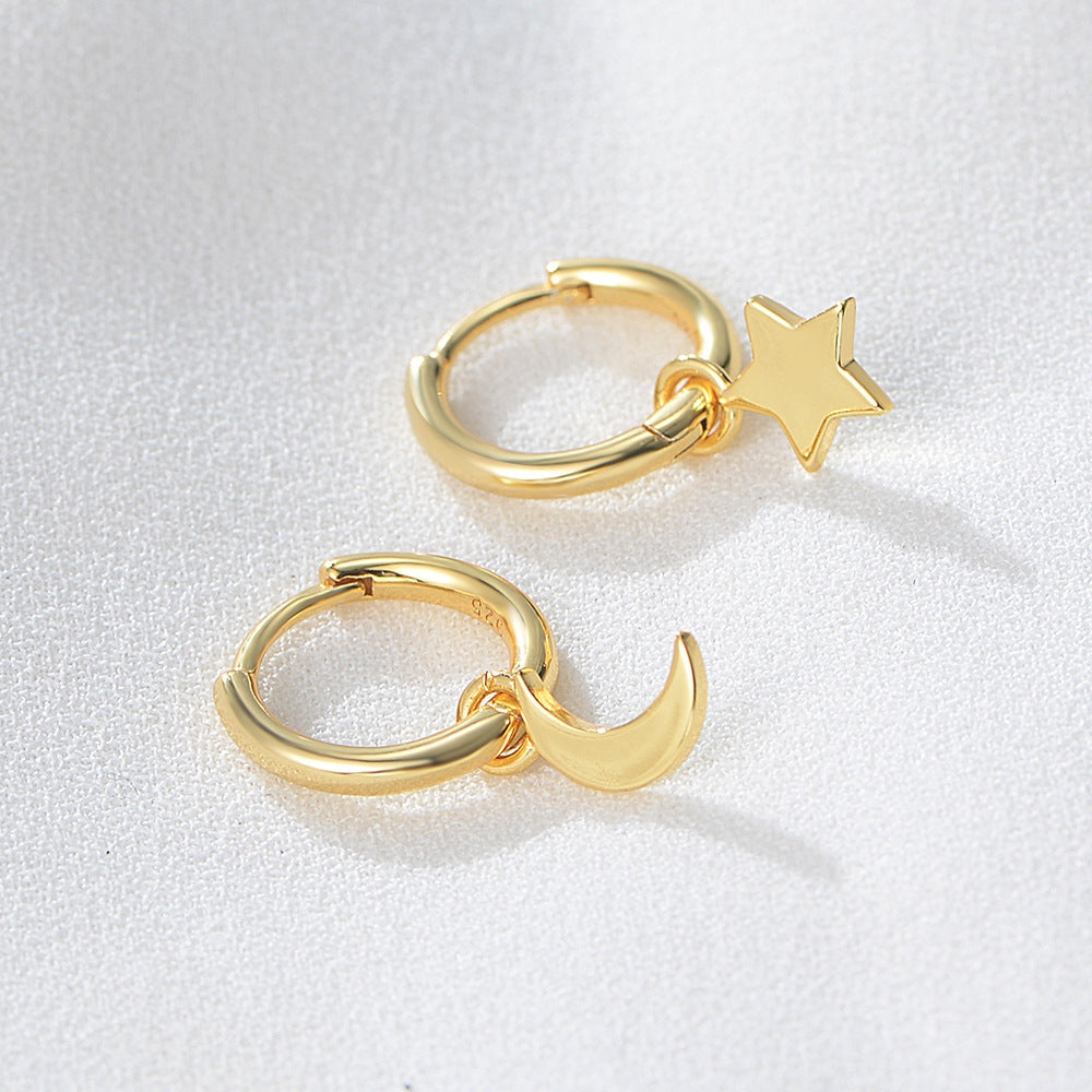 S925 Silver Star Moon Earrings Female Asymmetric Earrings