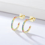 S925 pure silver micro inlaid colored zircon C-shaped earrings