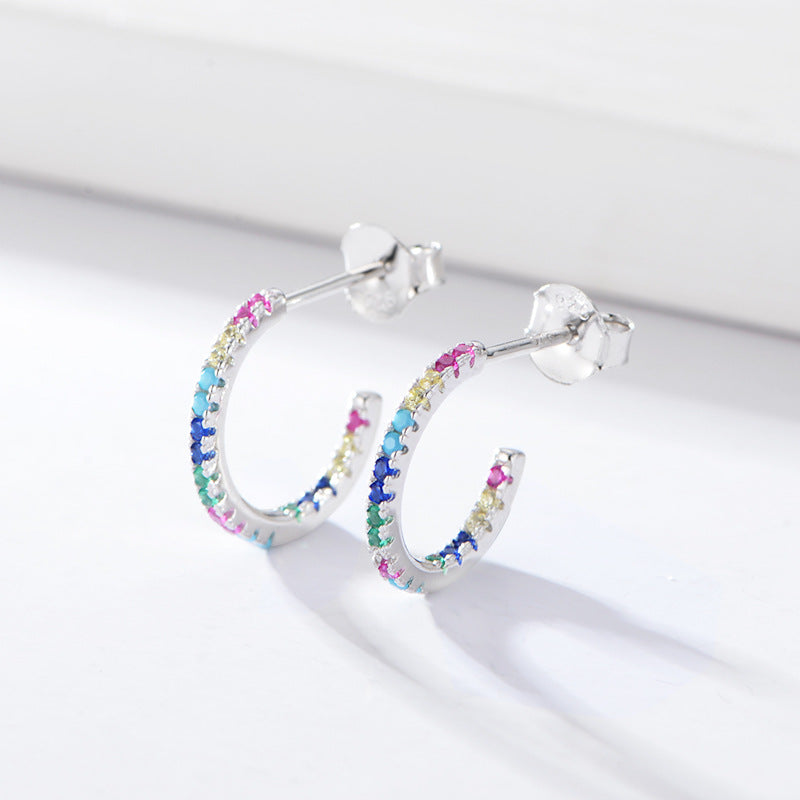 S925 pure silver micro inlaid colored zircon C-shaped earrings