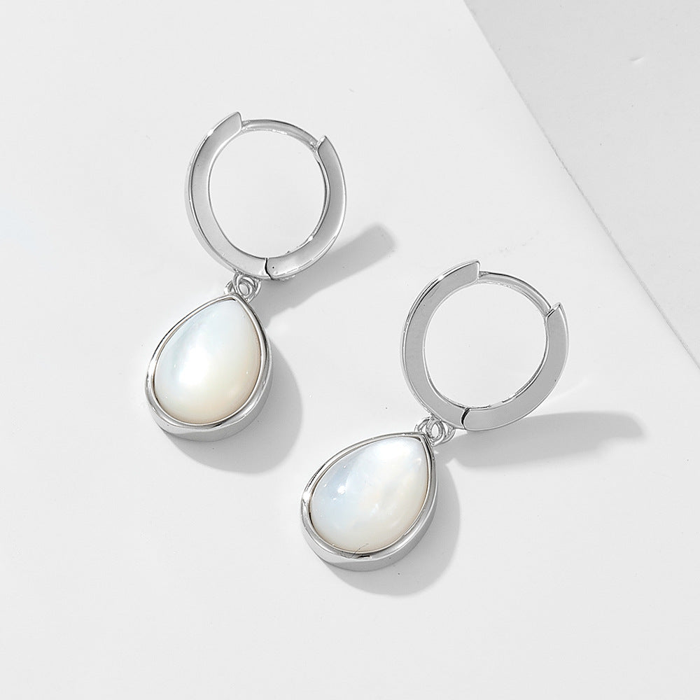 S925 pure silver water droplet shaped natural white shell earrings and earrings