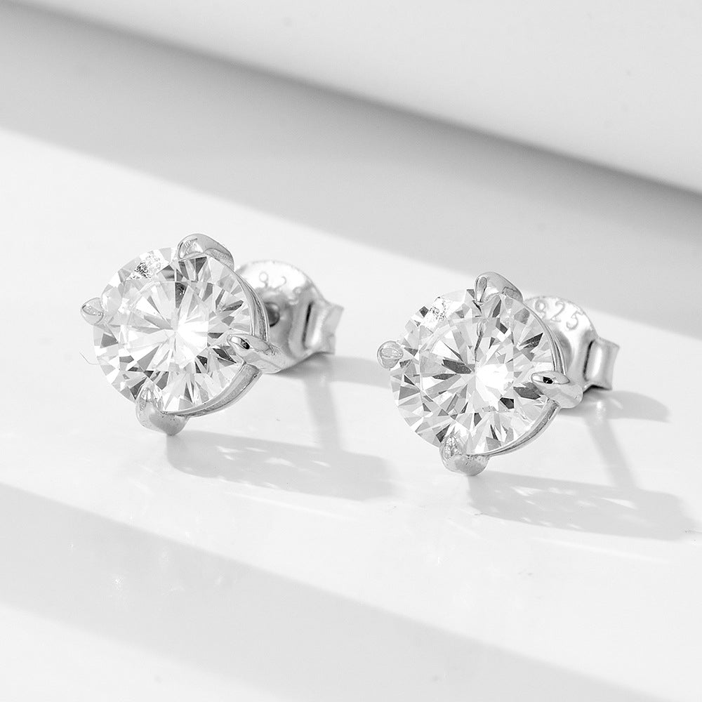 Classic s925 sterling silver four claw round zircon earrings