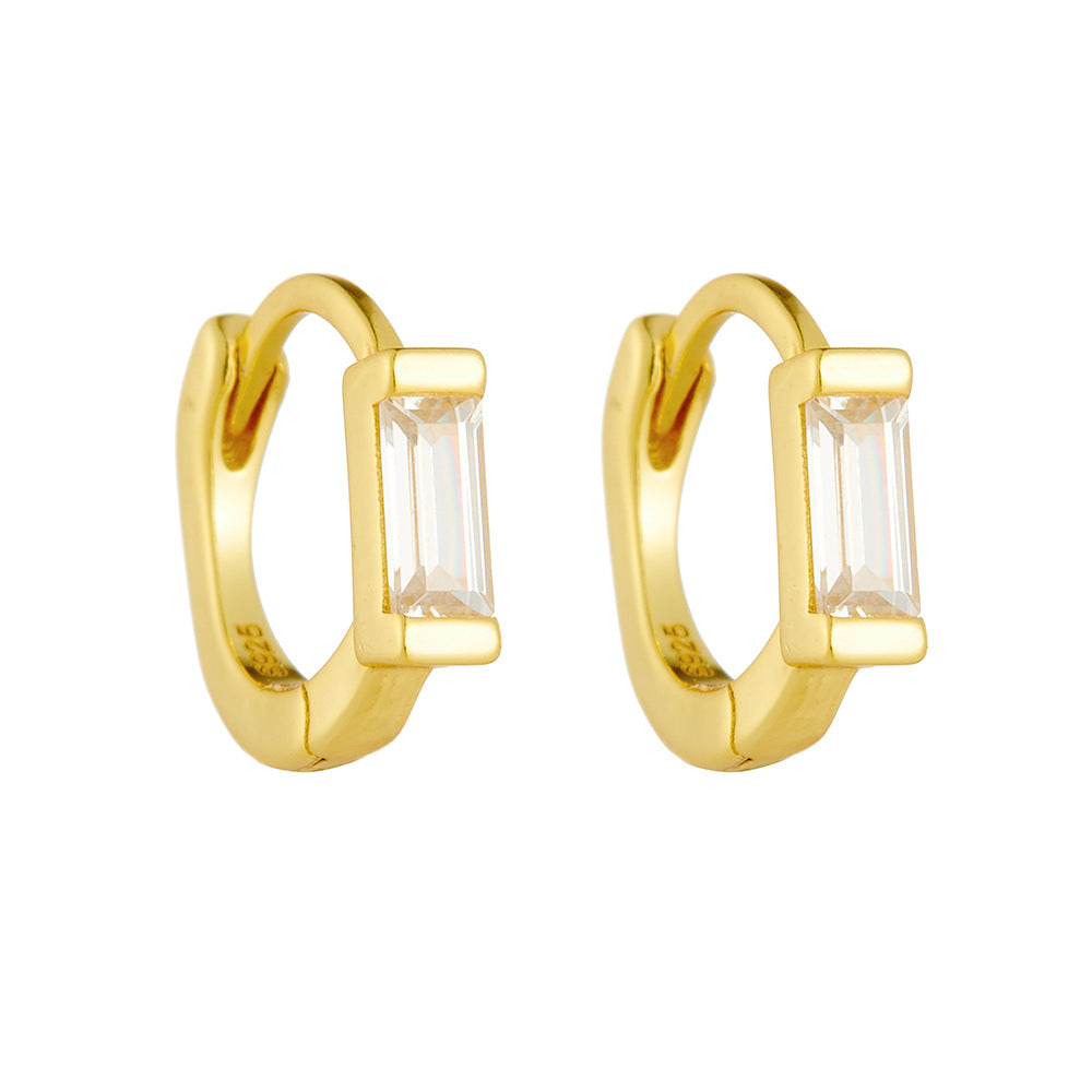 S925 silver inlaid diamond rectangular zircon ear ring ear buckle plated with 14K gold light luxury women's ear bone small earrings