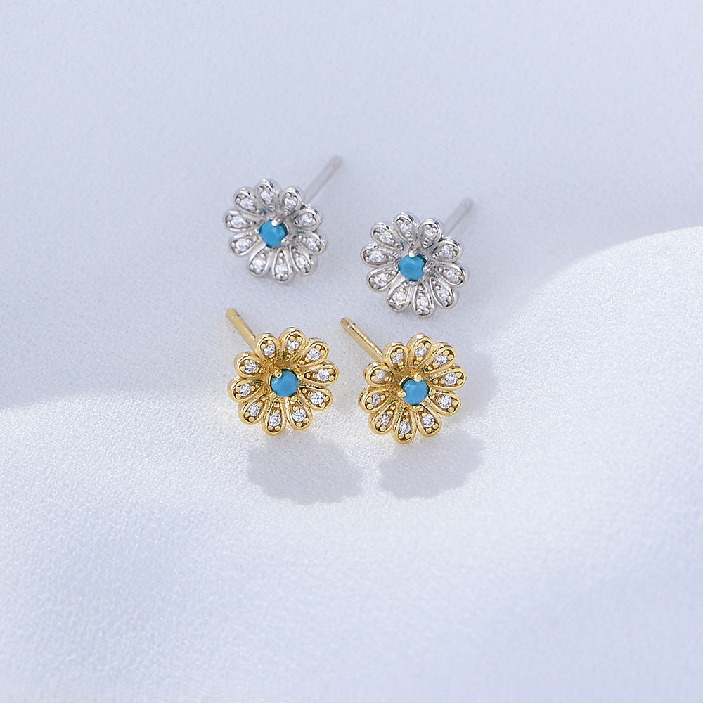 S925 pure silver zircon sun flower earrings with diamond studded daisy earrings