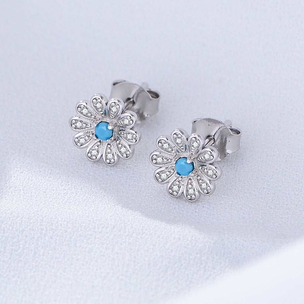 S925 pure silver zircon sun flower earrings with diamond studded daisy earrings