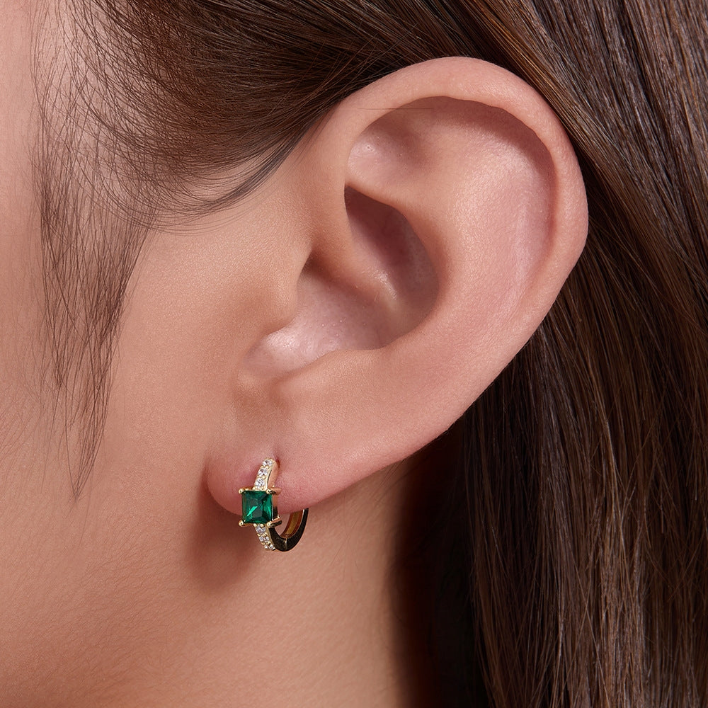 925 sterling silver emerald square zircon ear buckle