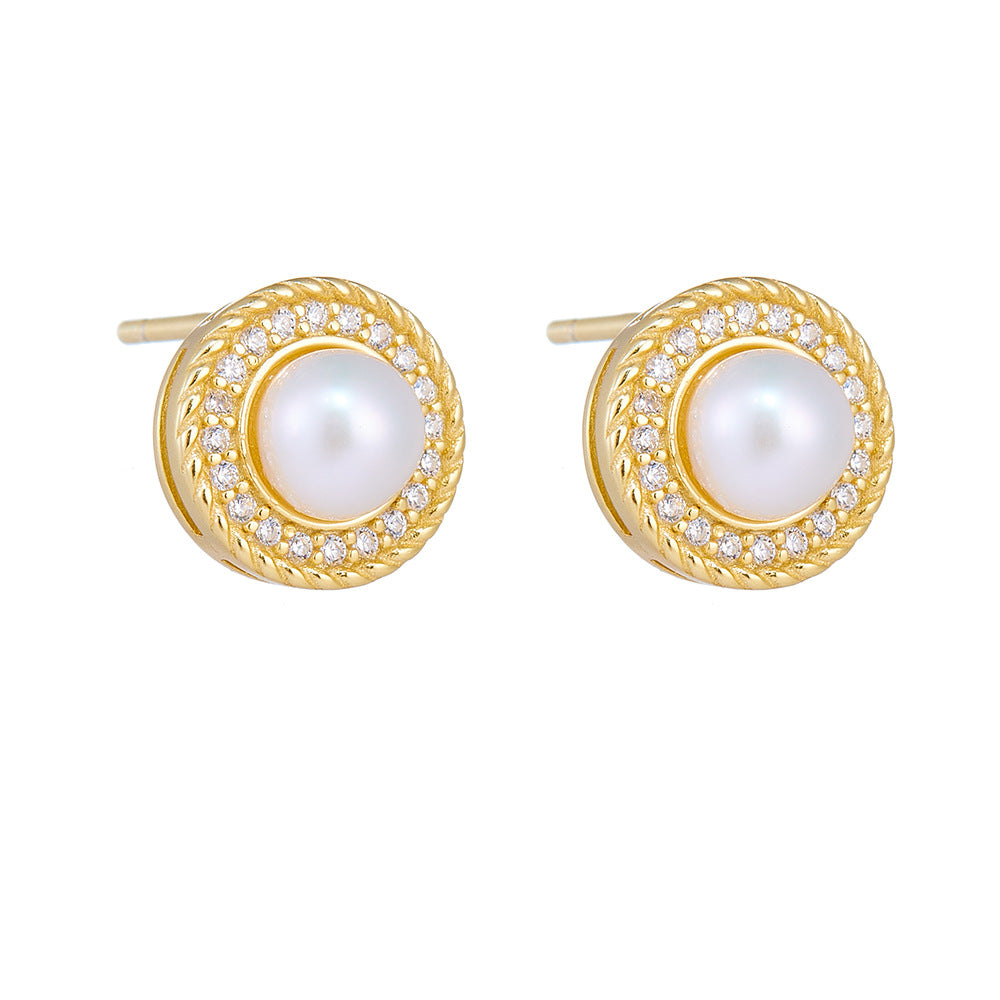 Natural freshwater pearls pure silver ear studs exquisite luxurious and slightly inlaid