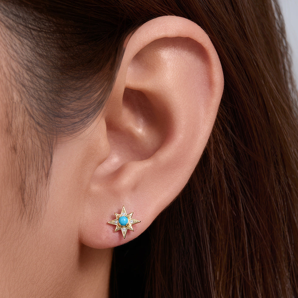 S925 pure silver star green pine zircon earrings for women octagonal star silver earrings