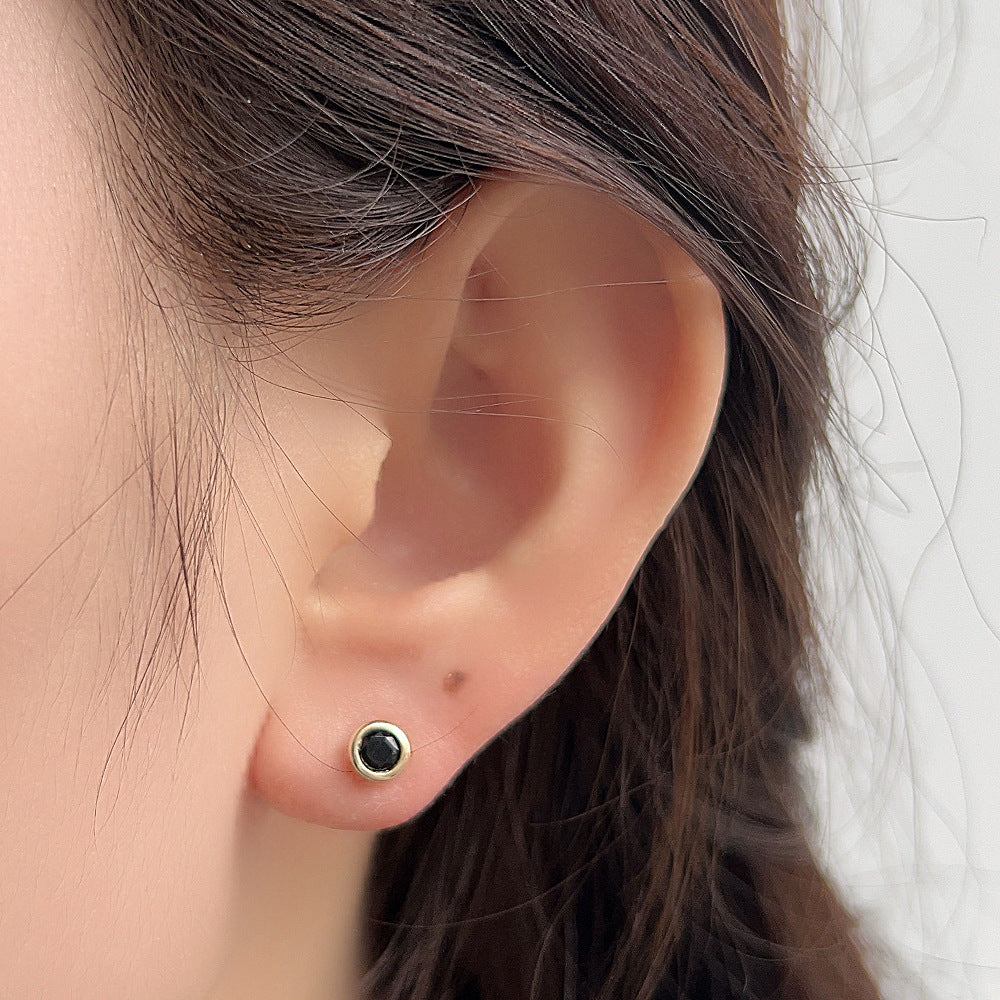 S925 pure silver classic geometric circular black zircon earrings