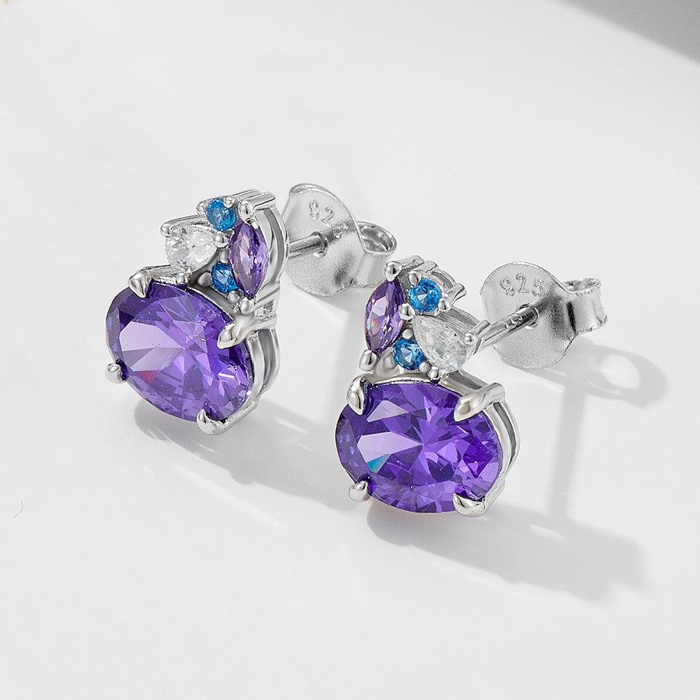 S925 pure silver colored gemstone earrings geometric oval purple zircon earrings