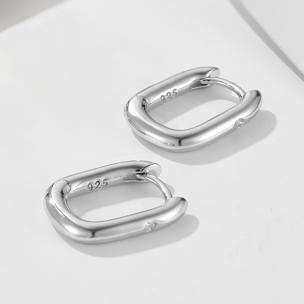 Geometric smooth oval U-shaped pure silver earrings