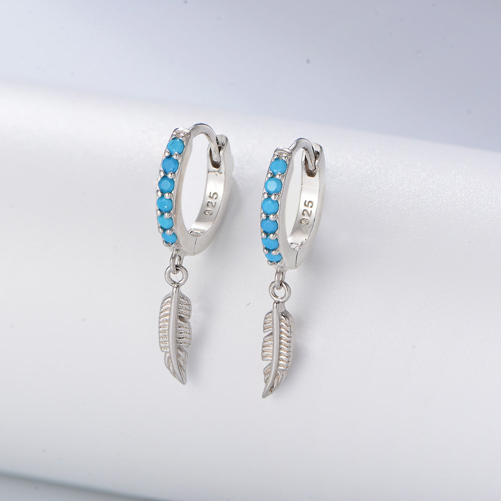 S925 pure silver turquoise feather ear clip earrings for women