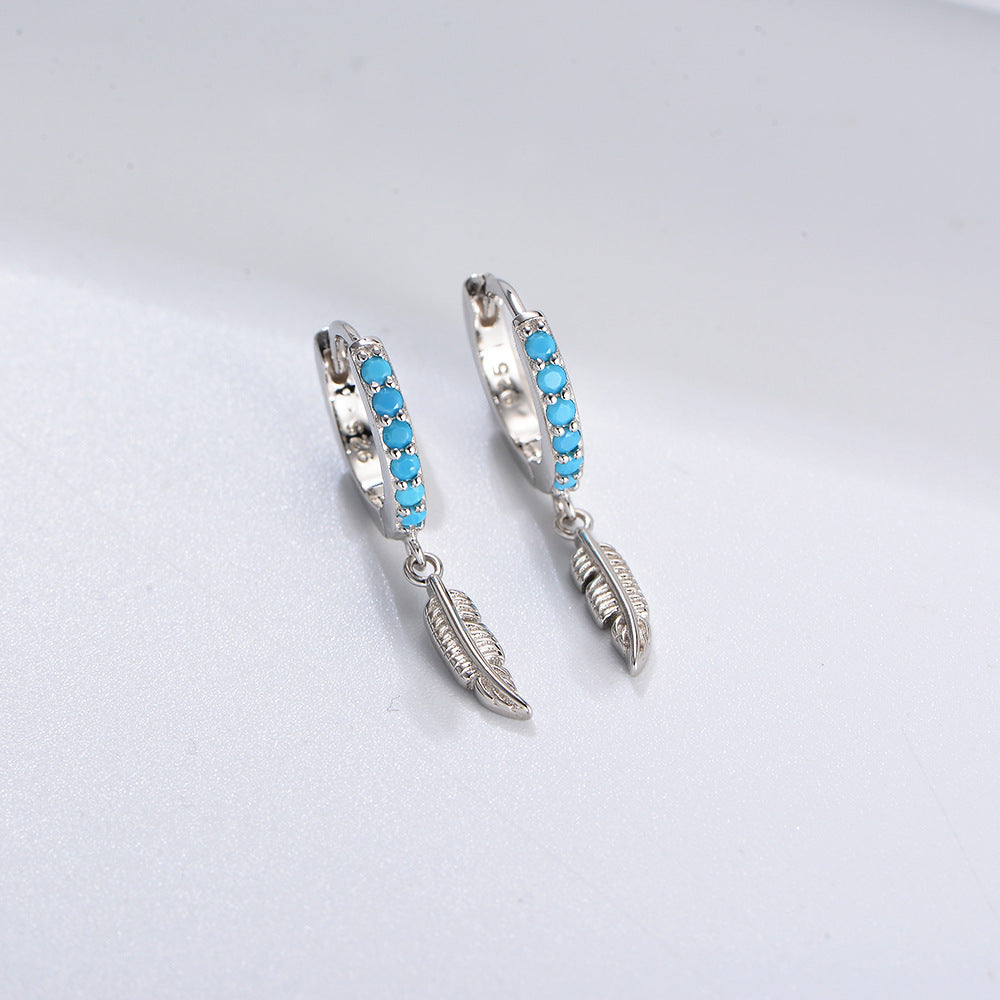 S925 pure silver turquoise feather ear clip earrings for women