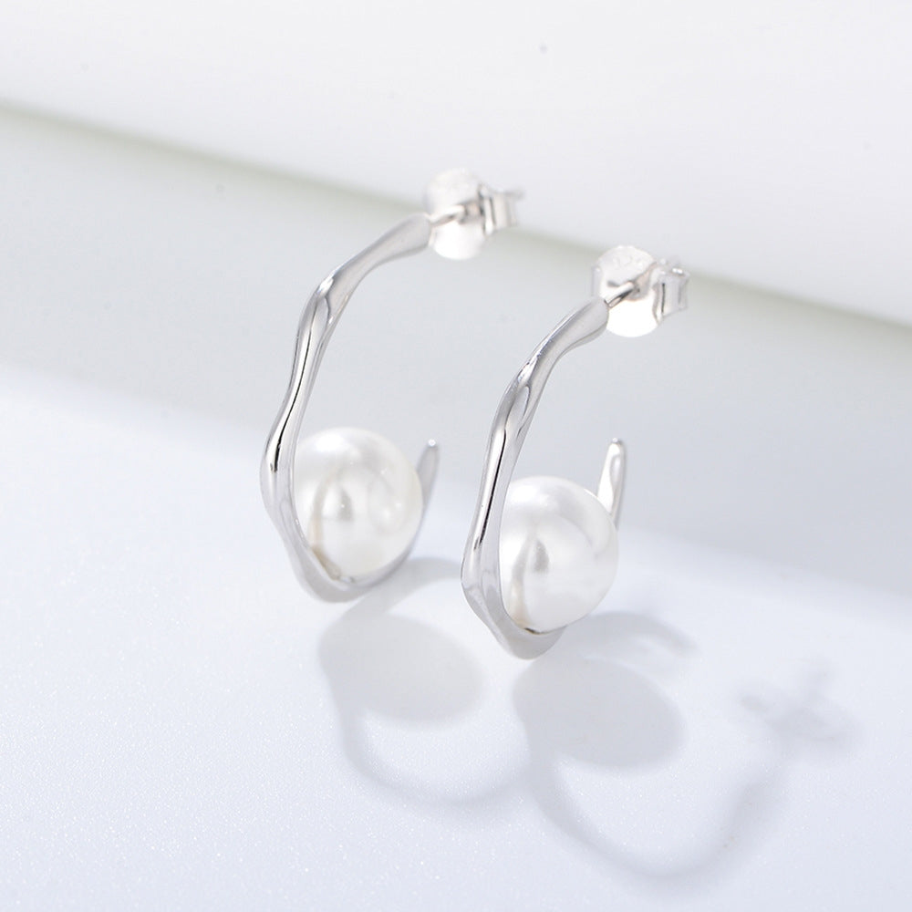 Geometric C-shaped shell bead silver ear nail women's 925 sterling silver pearl earrings